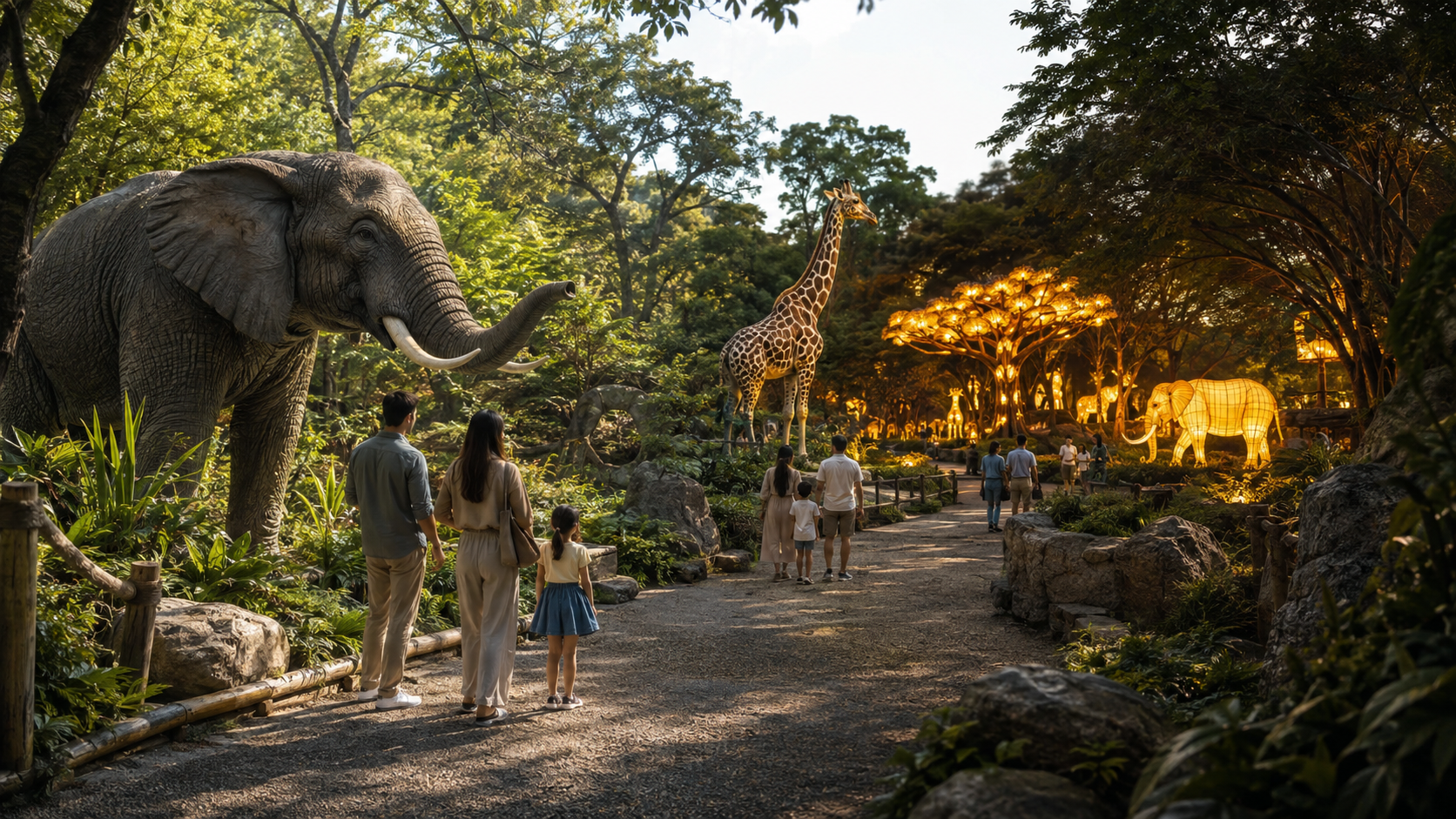 A zoo trail with lifelike animals leading into a glowing lantern safari