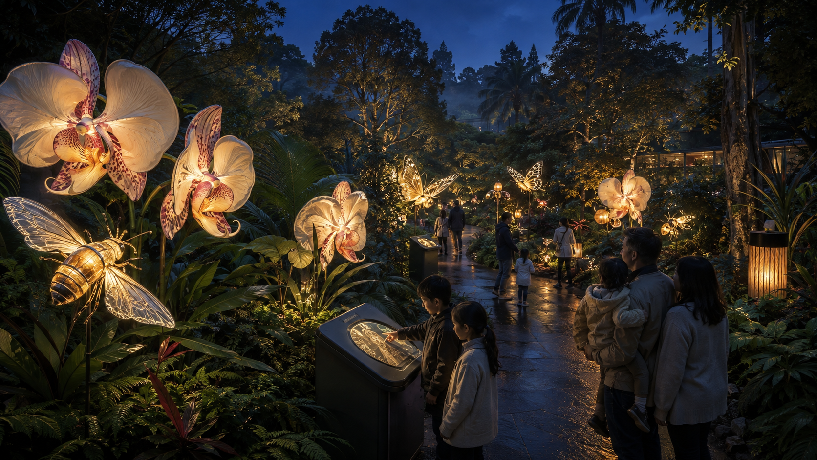 A botanical garden trail with illuminated orchids and pollinators