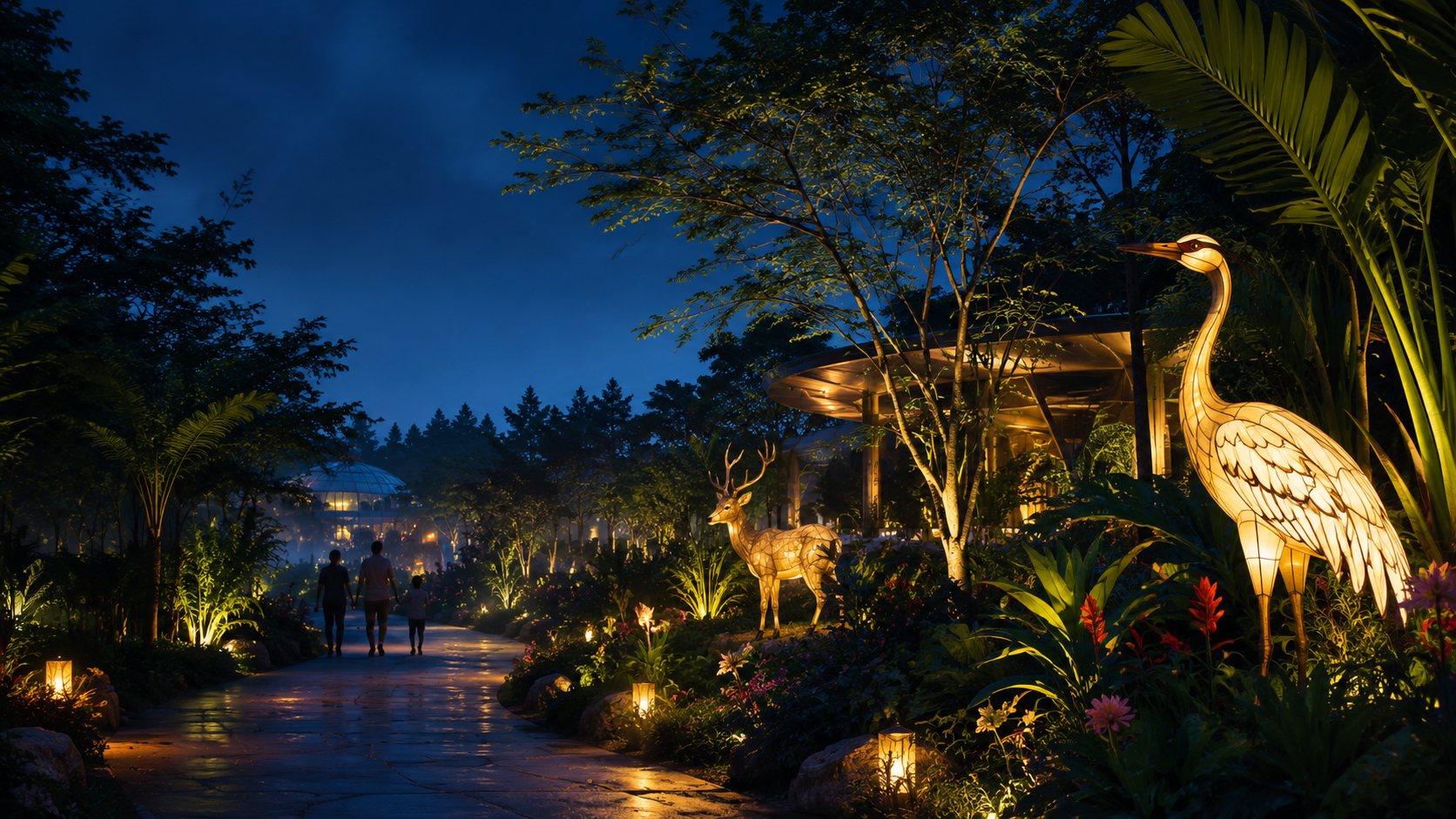 A family nature trail transformed by glowing botanical and animal installations at twilight